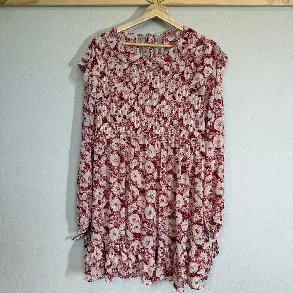 Women's Free People Red and Cream Floral Botanical Long Sleeve Dress‎ Sz M NEW